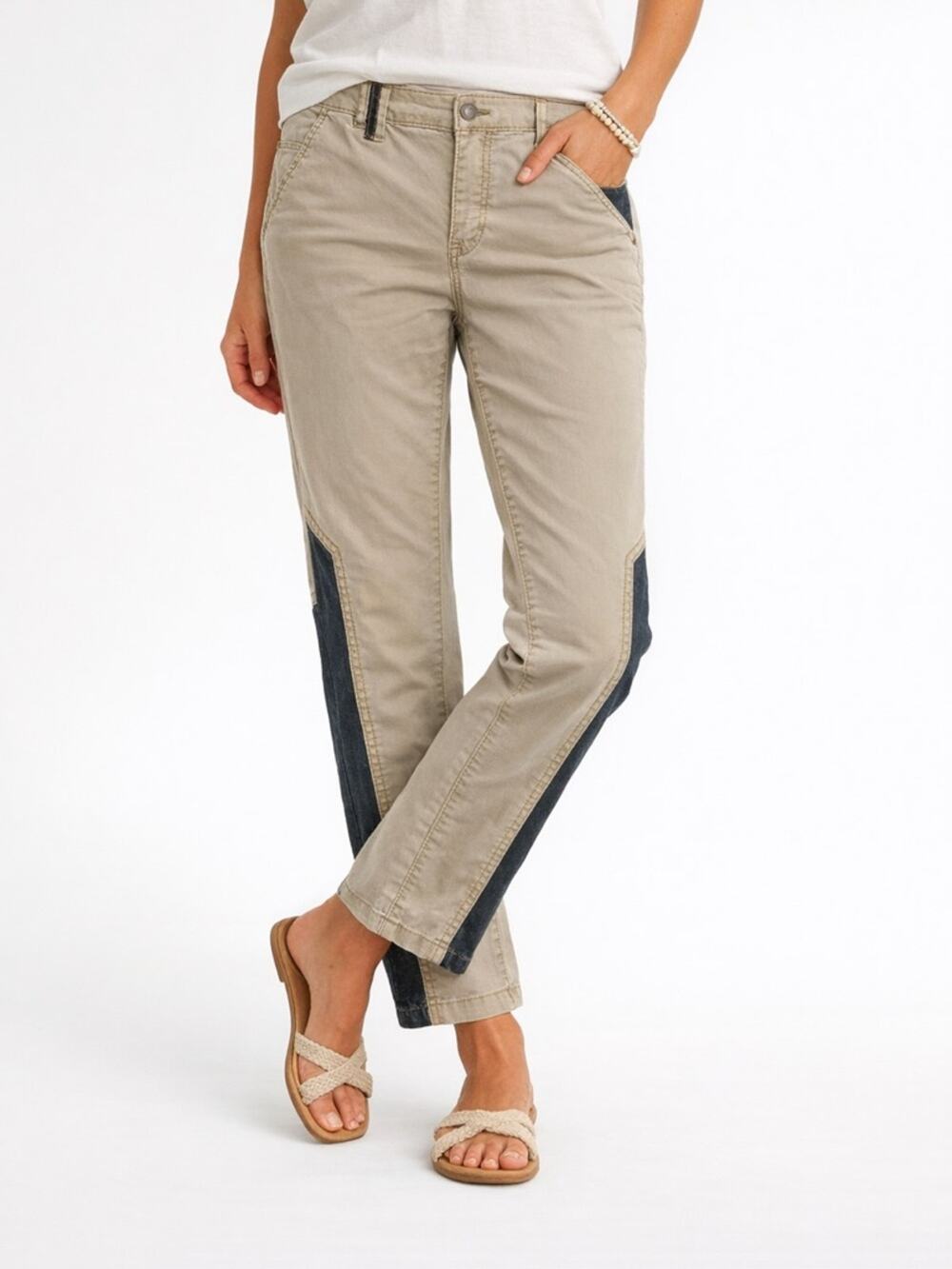 Anthro Pilcro Hyphen Chino Pants 28 Khaki Denim Side Panel Crop Slim Mid Rise 27